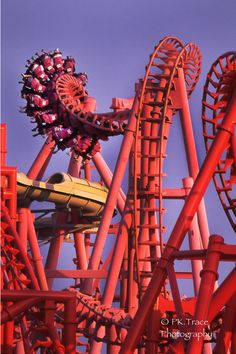 the roller coaster at six flags amusement park is painted red and yellow with purple decorations