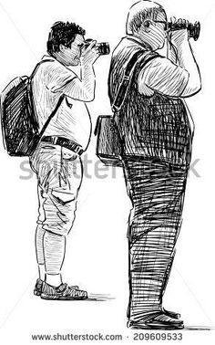 two men looking through binoculars at something in the distance, hand drawn on white paper