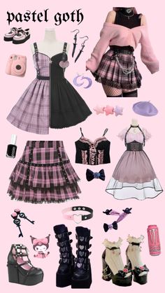 Pink Oc Outfits, Sanrio Outfit Inspired, Pastel Goth Style Outfits, Pastel Gothic Aesthetic Outfit, Pink Aesthetic Clothes Pastel Goth, Pastel Goth Fashion Aesthetic, Cute Emo Style, Cute Goth Outfits Aesthetic, Cute Emo Outfits Pastel Goth