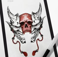 a drawing of a skull with horns on it's head and two skulls in the middle