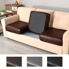 a couch with two different colored cushions on it and the same color is black, beige, and brown