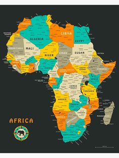 a map of africa with all the countries and their names on it's black background