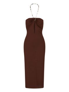 68% Rayon, 27% Polyamide, 5% Elastane Elegant Brown Midi Bodycon Dress, Luxury Brown Party Dress, Brown Midi-length Bodycon Dress For Evening, Brown Midi Length Bodycon Dress For Evening, Elegant Brown Midi Dress For Night Out, Elegant Brown Bodycon Dress For Date Night, Elegant Brown Bodycon Dress For Night Out, Elegant Brown Dresses For Date Night, Elegant Brown Maxi Dress For Night Out