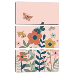 three canvases with flowers and butterflies on them, one is pink and the other has blue