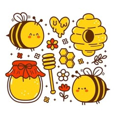 the bees and honeycombs are drawn in cartoon style