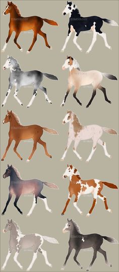 a group of different colored horses running in the same direction on a light gray background