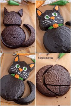 four pictures of chocolate cat cakes with green eyes and orange ears, one has a basketball on it