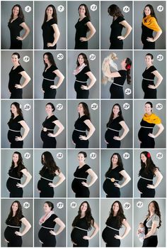 a series of photos showing how to wear a black dress for pregnant belly bumps