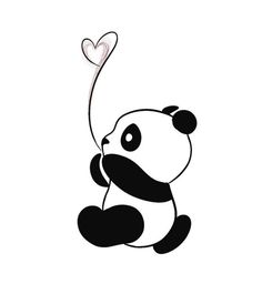 a black and white panda holding a heart shaped balloon