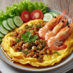 an omelet topped with shrimp and garnished with chopped cucumbers