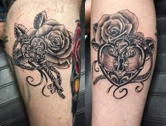 two tattoos on the legs of people with roses and keys in heart shaped pockets