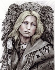 a drawing of a woman with long blonde hair and blue eyes, wearing an elaborate headdress