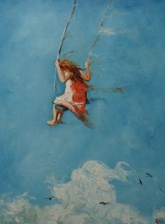 a painting of a girl on a swing