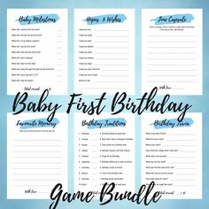 the baby first birthday game bundle is shown in black and white with blue writing on it