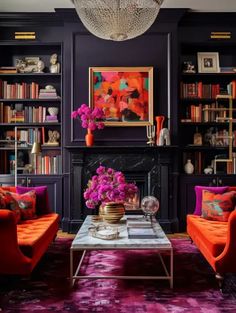 a living room filled with lots of furniture and bookshelves covered in purple flowers