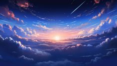 an anime scene with the sun shining through clouds and shooting stars in the sky above