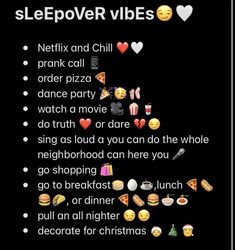 a poster with the words sleepover vibes written in different languages and emoticions