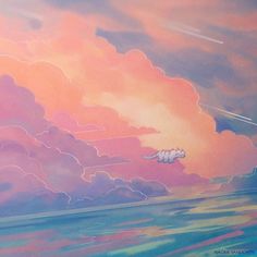 a painting of a cat flying in the sky with clouds and water behind it,