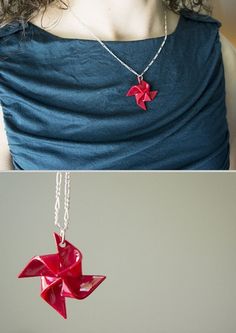 two pictures one with a red origami star and the other with a silver chain