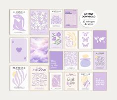 a collection of lavender and white greeting cards