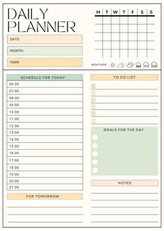 the daily planner is shown in this printable version, with notes for each month