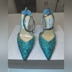 Jimmy Choo Crystal Embellished Heels Peacock Blue Ombre. Size 7. Worn Once For Wedding. Box Included, No Dust Bag. Notes- Sole Worn (See Picture) Missing A Couple Of Rhinestones On Right Heel Bottom. Otherwise In Great Condition. Let Me Know If You Have Any Questions Wedding Box, Embellished Heels, Jimmy Choo Shoes, Peacock Blue, Blue Ombre, Jimmy Choo, Shoes Women Heels, Blue Green, Shoes Heels