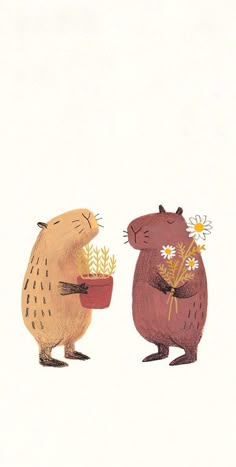 two brown bears holding flowers in their hands