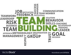 the word team building written in green on a white background with other words surrounding it