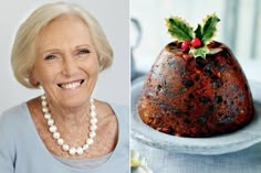 an older woman is smiling next to a cake with holly on top and another photo of the same person