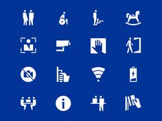 the icons are white on a blue background, including signs and symbols for people to use