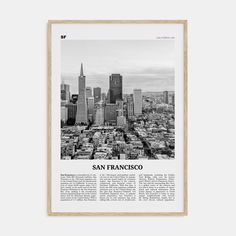 the san francisco skyline in black and white, framed on a wooden frame with wood trim