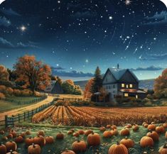 a painting of pumpkins in front of a farm at night with the stars above