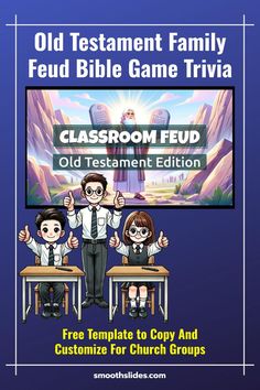 the front cover of an old testament family game trivia with three children sitting at desks