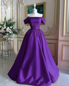 Women's Purple Satin Ball Gown, Off The Shoulder Floor Length Prom Dress With Embroidery Beaded. Purple Satin Prom Dress, Embroidery Beaded, Bridesmaids Dress Inspiration, Satin Ball Gown, Dress With Embroidery, Floor Length Prom Dresses