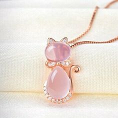 Pink Opal Jewelry, Opal Jewelry Necklace, Cat Pendant Necklace, Cat Pendants, Cat Jewelry, Cat Necklace, Crystal Necklace Pendant, Quartz Rose, Rhinestone Jewelry