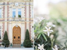 two pictures of flowers in front of a building and an image of a clock on the door