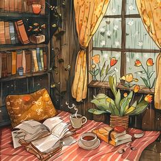 a painting of a room with books, flowers and a cup of coffee on the table