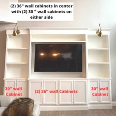 white built in media center with dimensions Diy Built In, Storage Living Room, Tv Built In, Built In Entertainment Center, Diy Entertainment, Living Room Entertainment Center