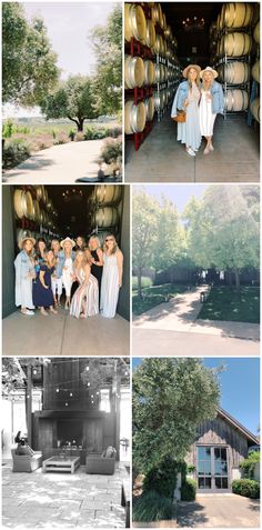 several pictures of people standing in front of wine barrels and trees, with one person taking a photo