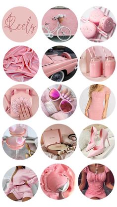 a collage of photos with pink items in them