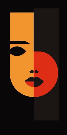 a woman's face with an orange and black background