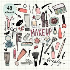 various makeup items arranged in the shape of a circle on a notebook page stock illustration