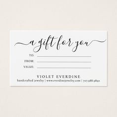 a gift card with the words, gifts for you from violet everdinene on it