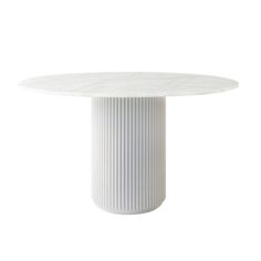 a white table with a round top and thin lines on the base, against a white background