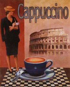 a painting of a woman standing in front of a cup of cappuccino