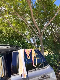 a car parked next to a tree with towels hanging from it's roof