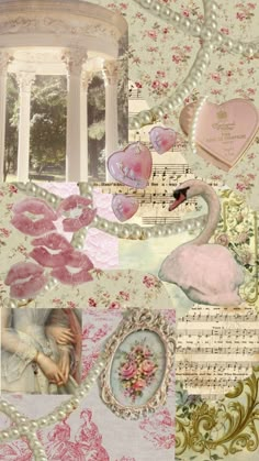 a collage of pink and white images with musical notes, flowers, hearts, and a swan