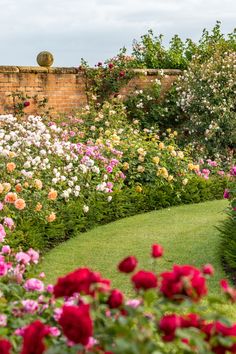 a garden filled with lots of colorful flowers next to a brick wall and green grass