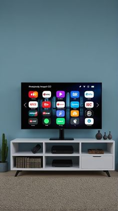 a flat screen tv sitting on top of a white entertainment center