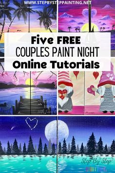 four different pictures with the words five free couples paint night online tutors on them